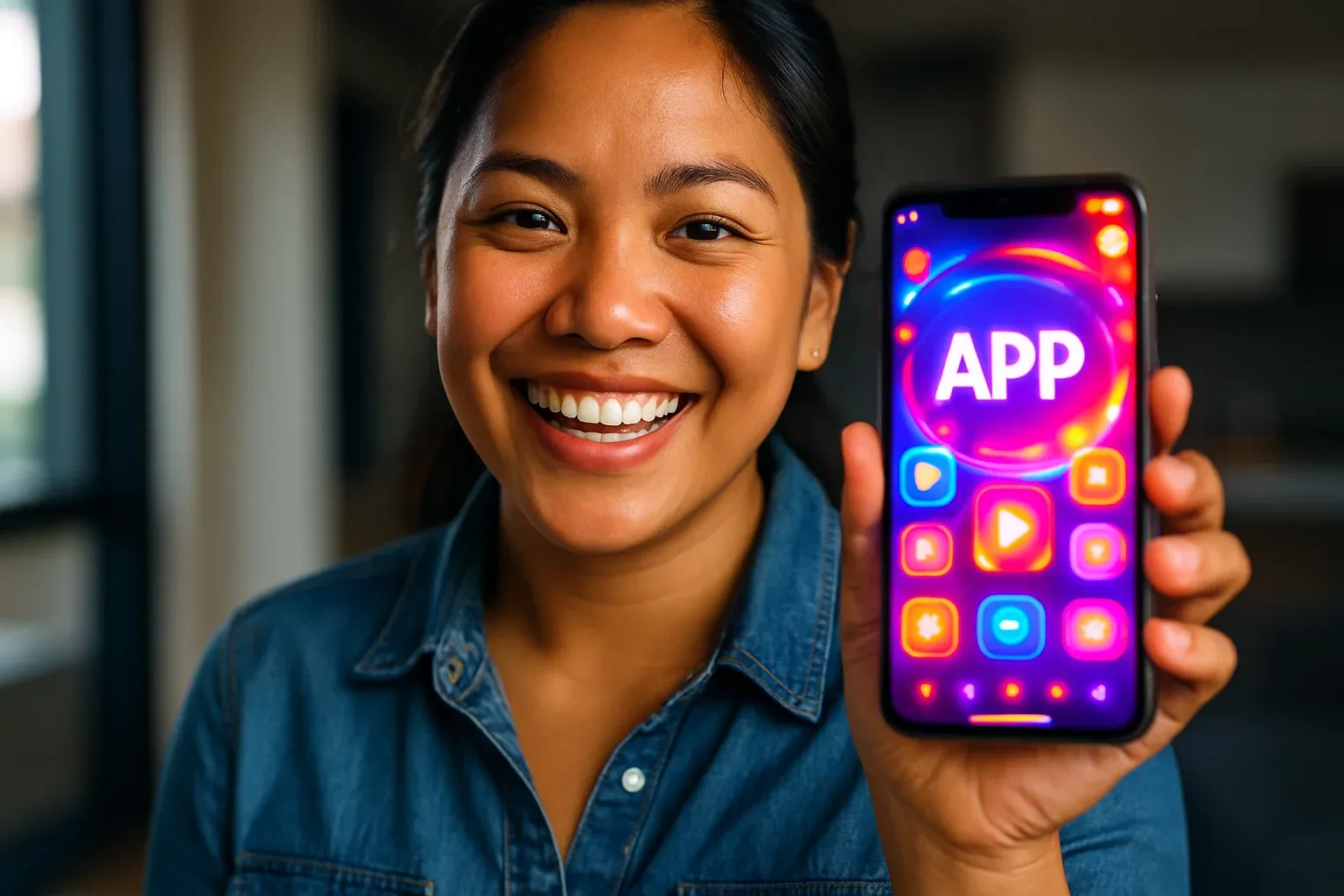 Cheerful Filipino woman holding glowing smartphone showing bold APP text