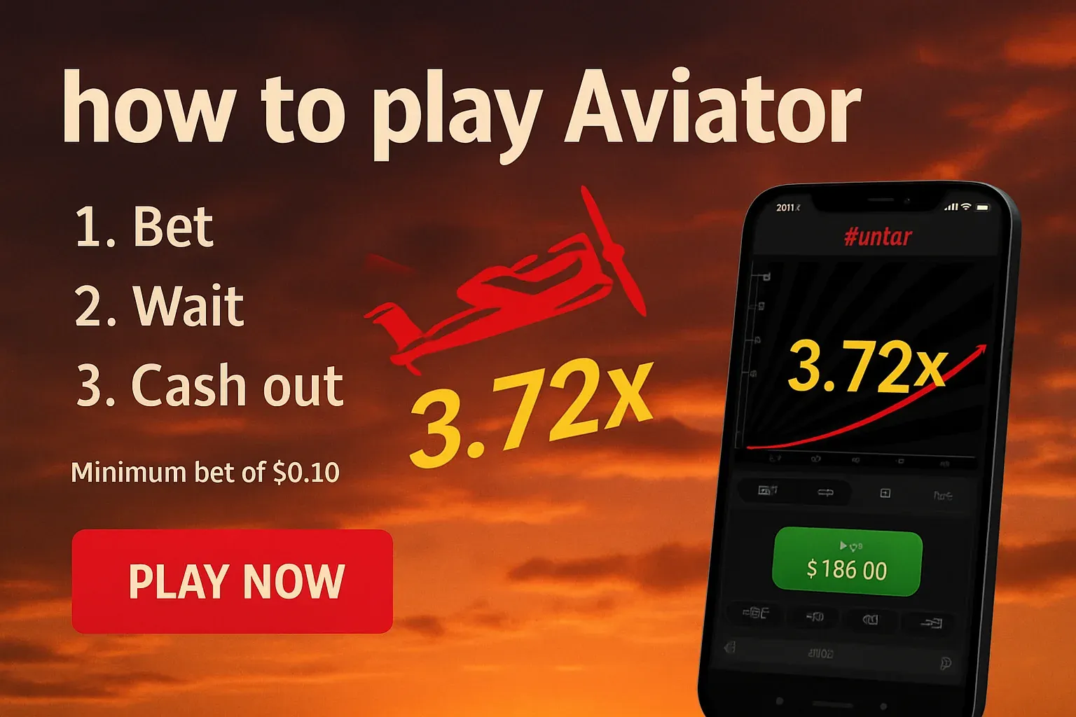 Aviator how-to banner with red plane, 3.72x multiplier, steps and CTA