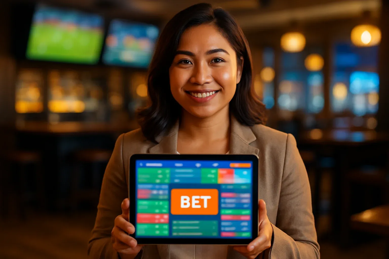 Confident Filipino woman holding tablet showing bold BET sports betting dashboard