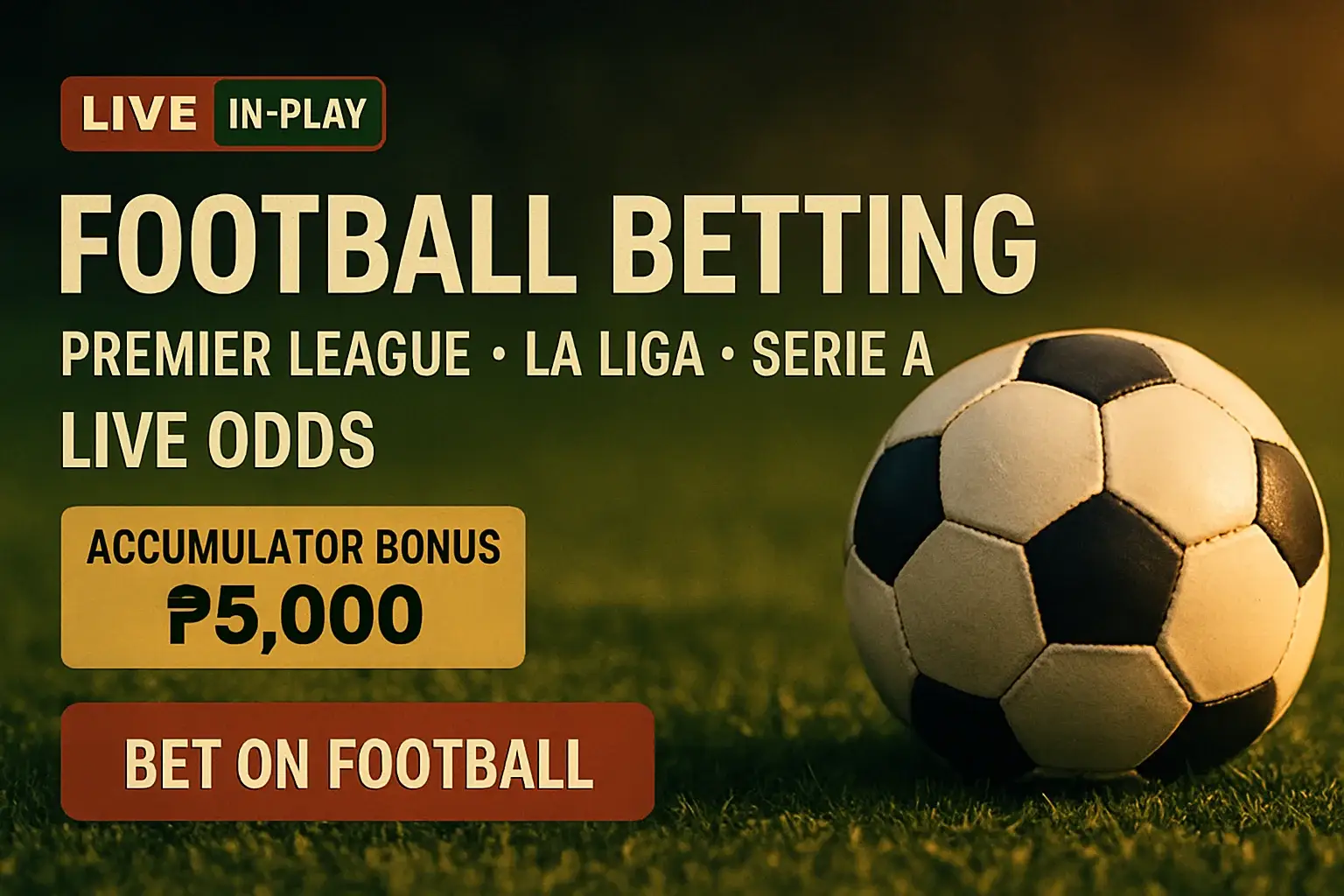 Football betting banner with green field, ball, live odds, bonus and CTA