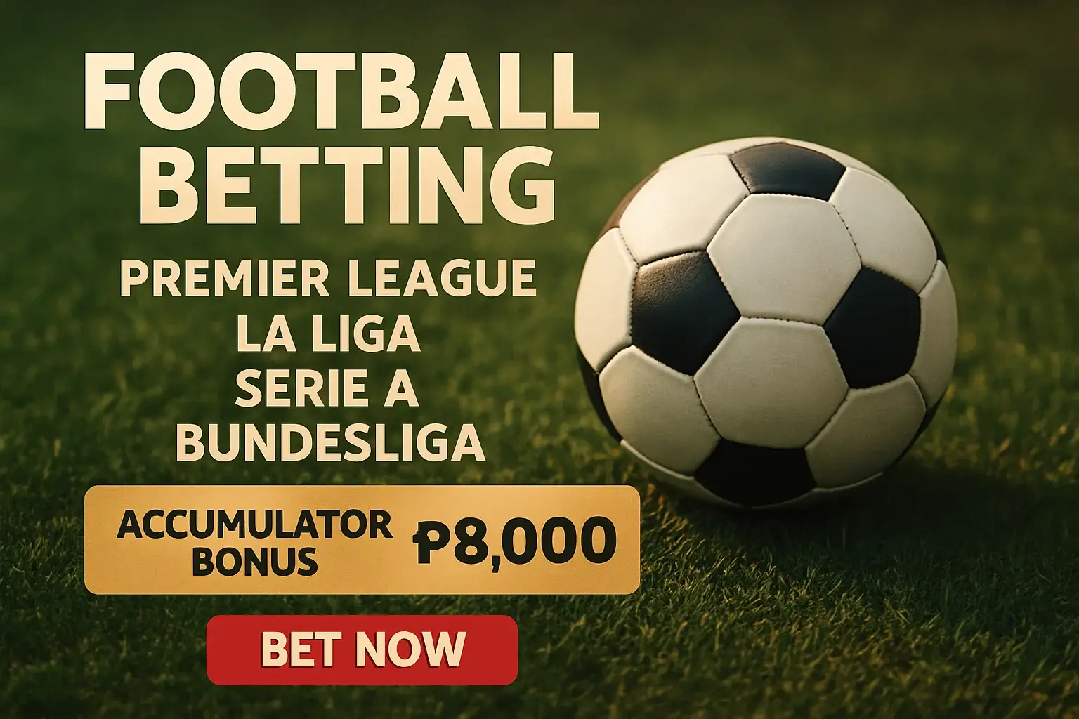Football betting banner with soccer ball, Philippines leagues, accumulator bonus and CTA