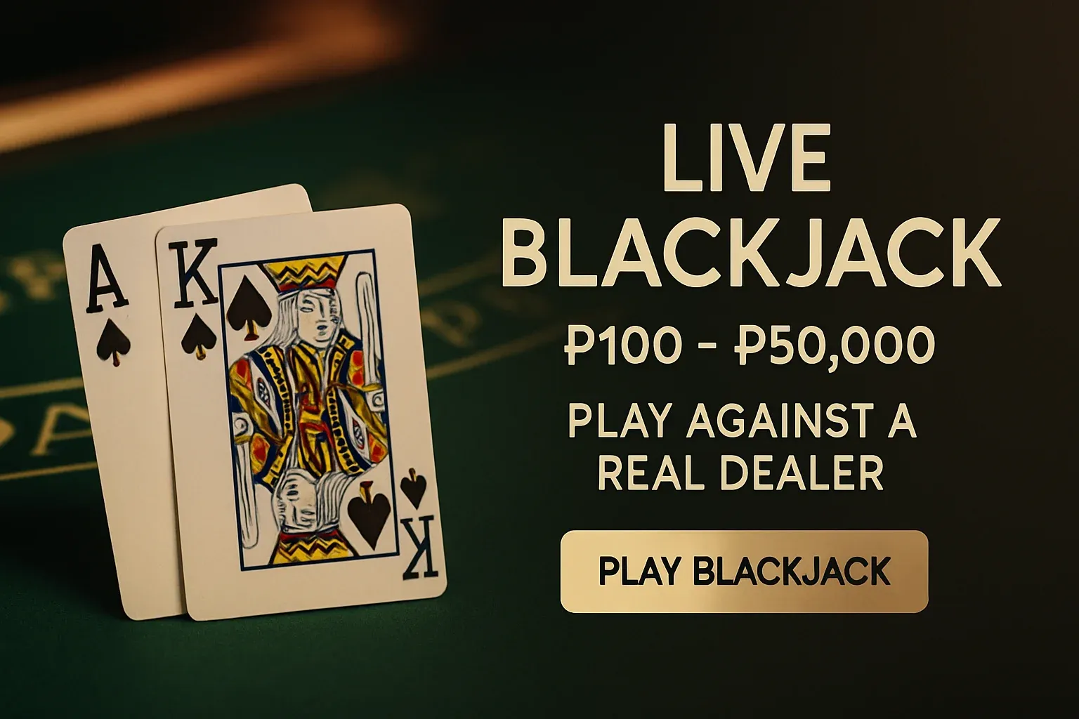 Premium live blackjack banner with green felt, ace-king hand, gold CTA