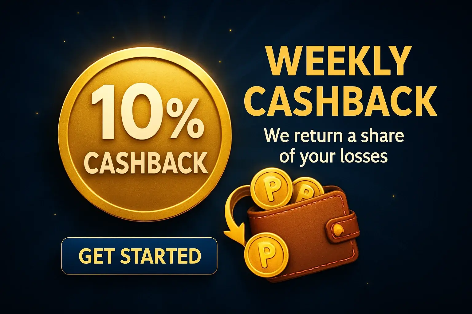 Casino weekly cashback banner with gold badge, wallet coins, CTA button