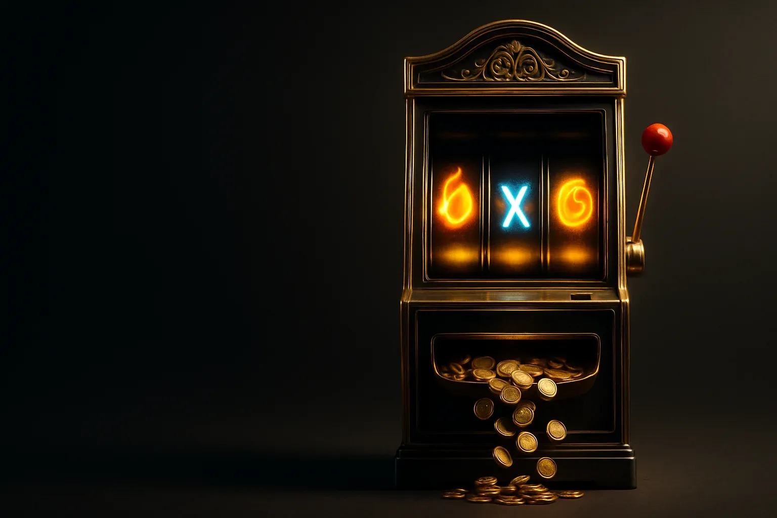 Ultra-realistic front view ornate slot machine with three reels and coins